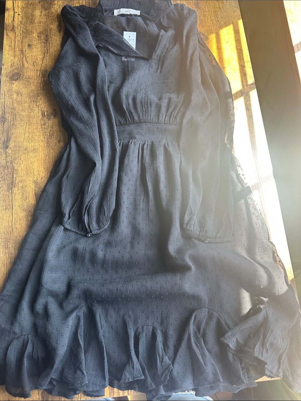 LOFT Black Long-Sleeve Ruffle-Trim Midi Dress